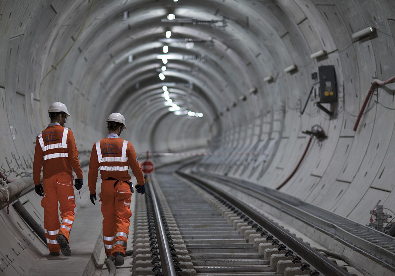 LONDON, ENGLAND - SEPTEMBER 14:  Crossrail engineers inspect the completed track as the Crossrail project celebrates the completion of the Elizabeth line track, on September 14, 2017 in London, England.  (Photo by John Phillips/Getty Images)